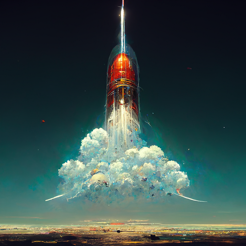 Illustration of a rocket ship launching into the sky