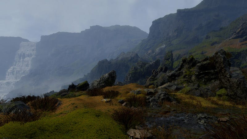 Screenshot from Death Stranding featuring detailed rocky landscapes.