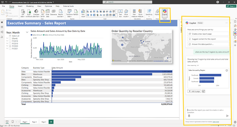 Interactive interface of Copilot in Power BI Desktop