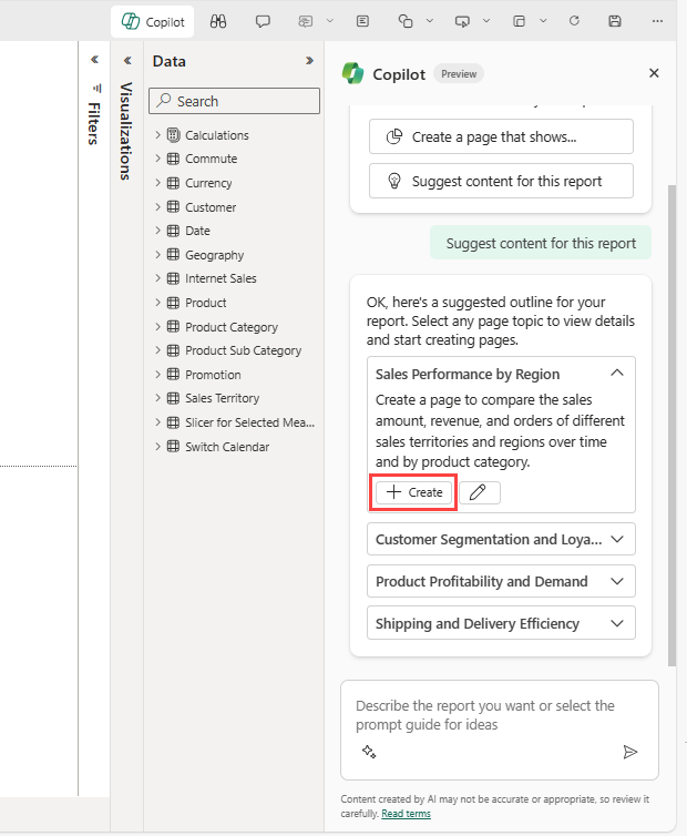 Suggested report content generated by Copilot