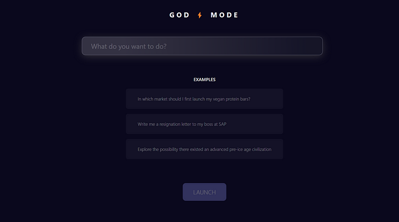 GodMode user interface with launch button