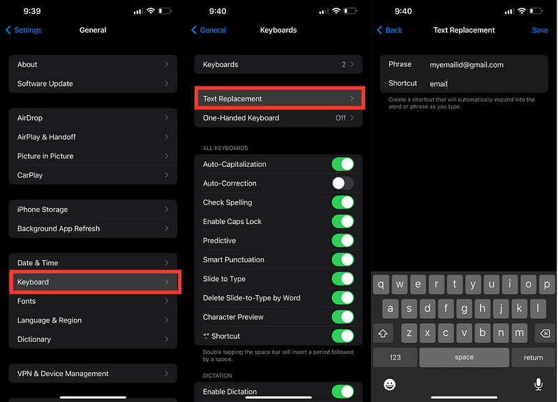 Setting up text replacements for email and addresses