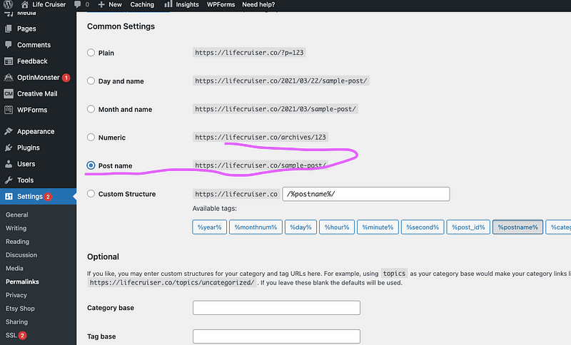 Post Name settings in WordPress