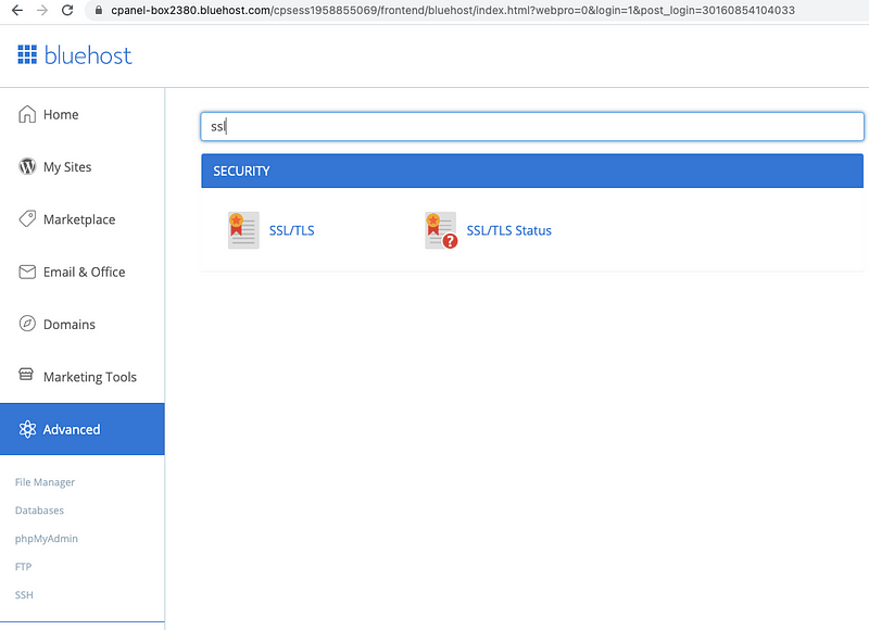 Example of the Bluehost SSL dashboard