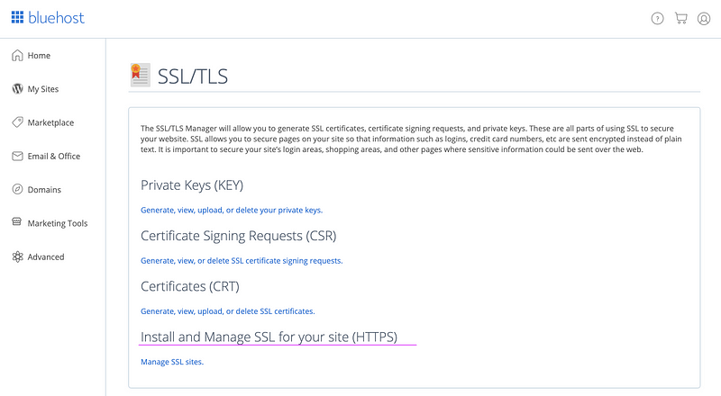 Managing SSL settings in Bluehost