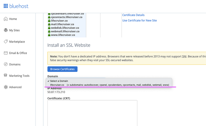 Installing SSL certificate on Bluehost