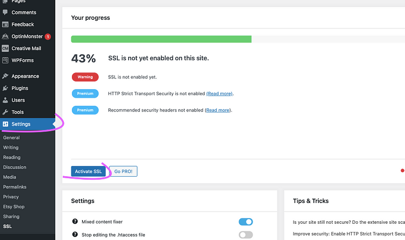 Activating SSL in WordPress settings