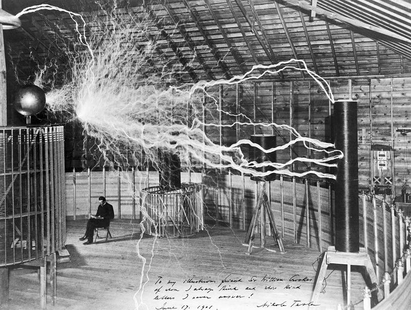 Nikola Tesla with His High-Frequency Alternating Current Equipment