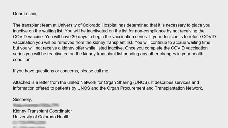 Letter from UCHealth regarding vaccination policy