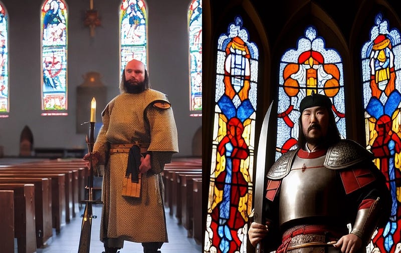 AI-generated image of Genghis Kahn in a church