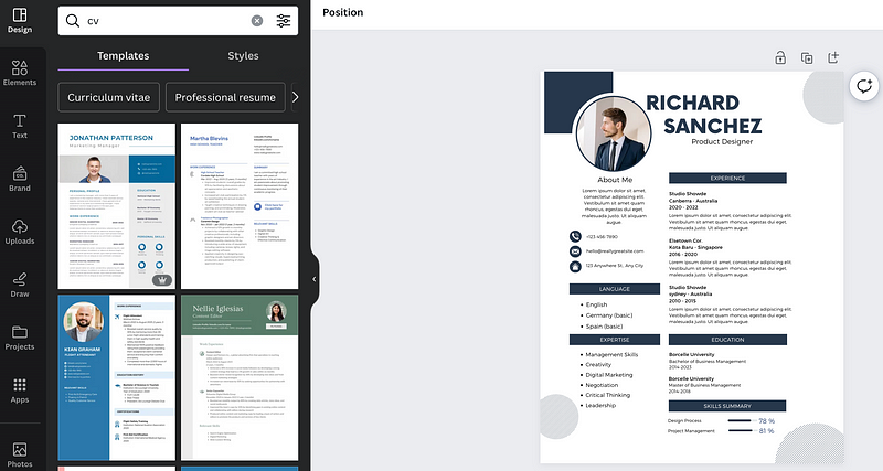 Screenshot of Canva CV templates