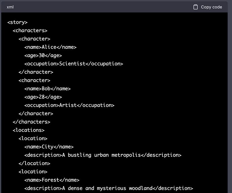 Example of XML output in ChatGPT