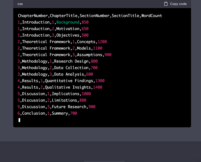 CSV format example