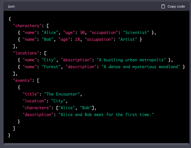 JSON structure example for storytelling