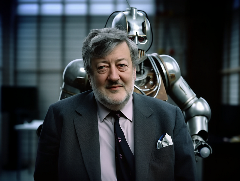 AI representation of Stephen Fry confronted by technology