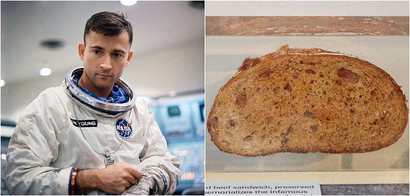 John Young holding a corned-beef sandwich in space