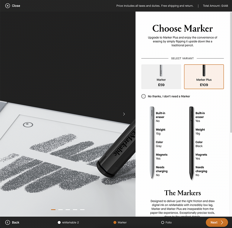 Different pen options for the reMarkable 2 tablet