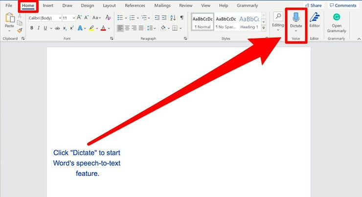 Microsoft Word dictation feature