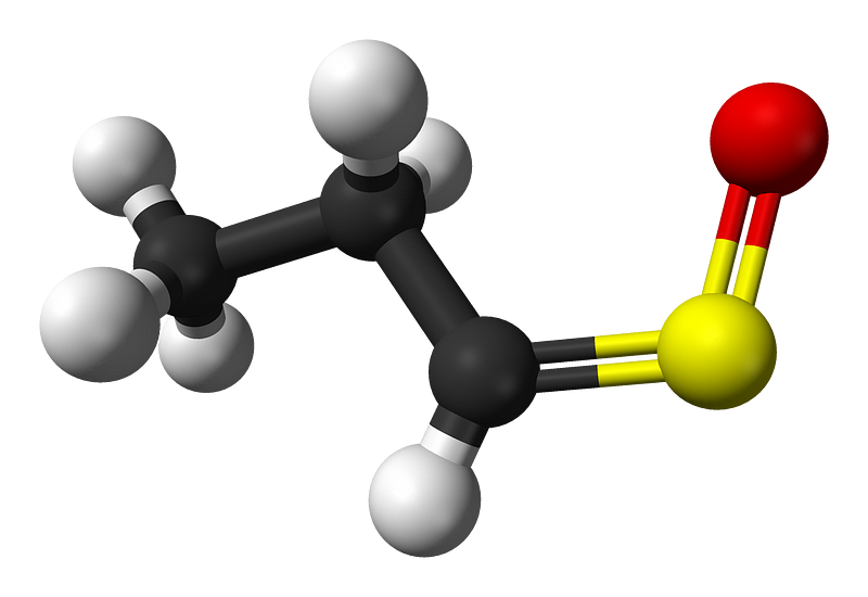 Infographic explaining the chemical structure of syn-propanethial-S-oxide