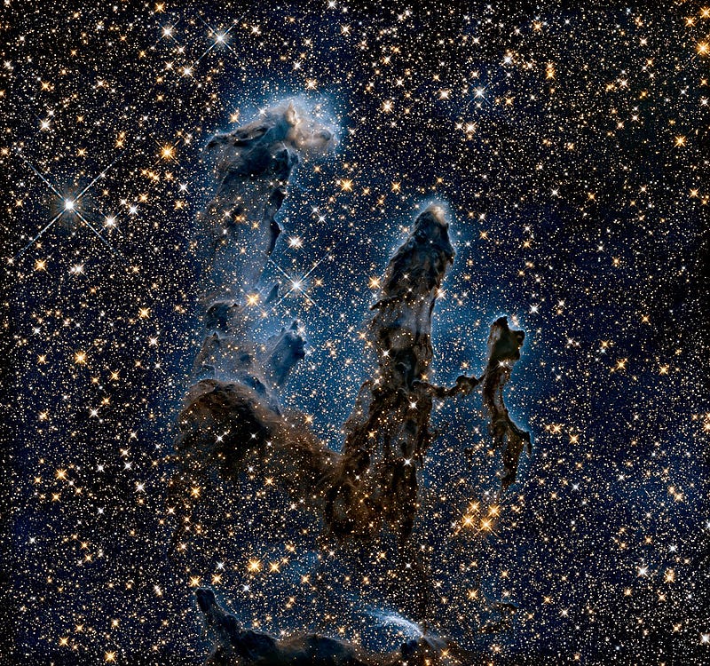 A tribute image to Hubble's original Pillars of Creation.