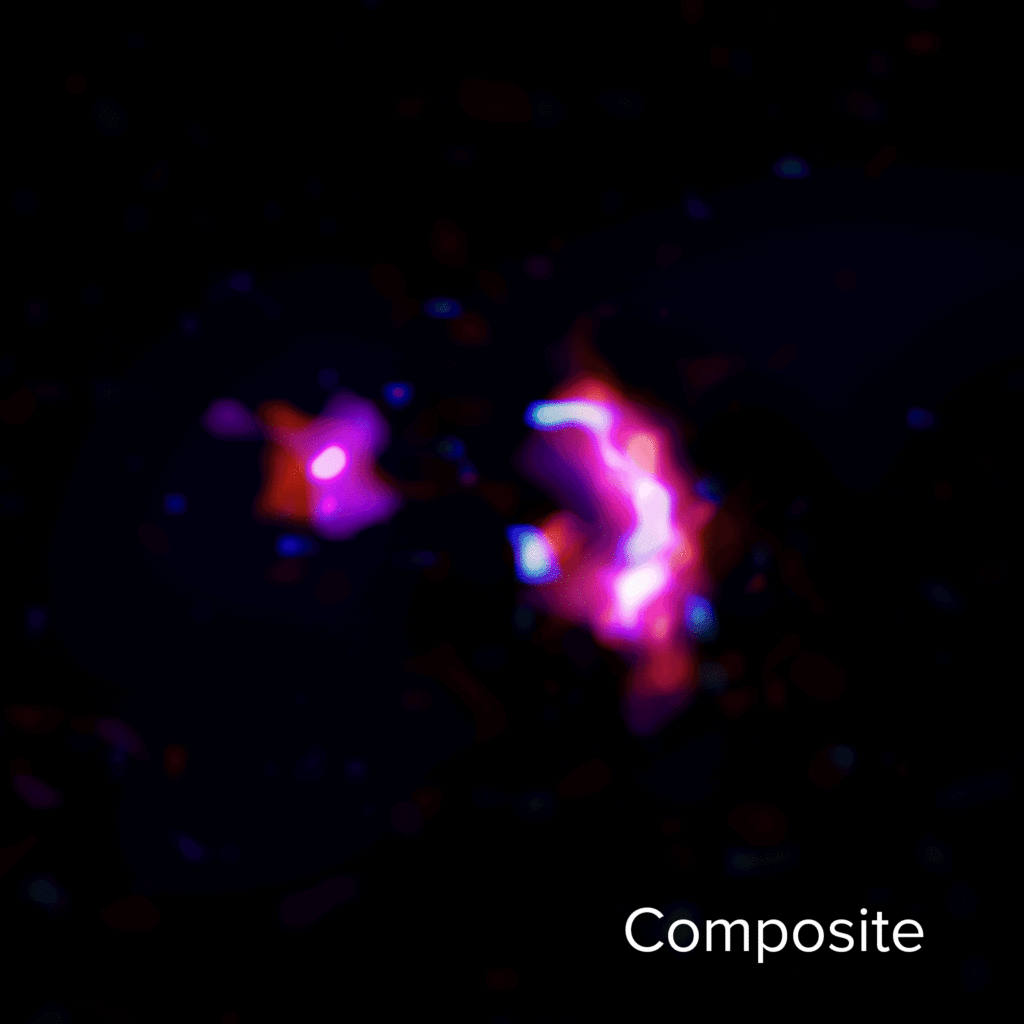 Composite image of SPT0311–58 showing dust, water, and carbon monoxide signals.