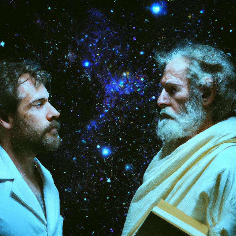 AI-generated image depicting Socrates and a contemporary scientist.